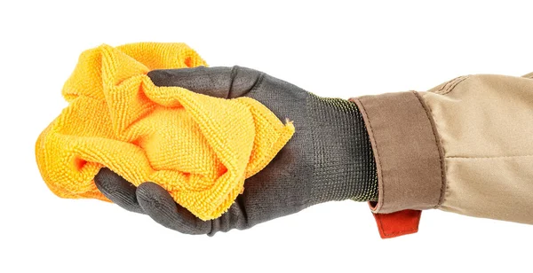 Paño Microfibra Naranja Arrugado Mano Trabajador Guante Protector Negro Uniforme — Foto de Stock