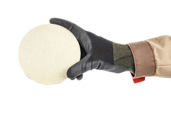 Worker Hand Black Protective Glove Brown Uniform Holding White Felt — Stock Photo, Image