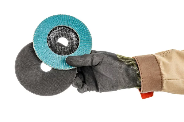 Worker Hand Black Protective Glove Brown Uniform Holding Abrasive Flap — Stock Photo, Image