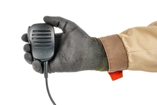 Mano Hombre Guante Protector Negro Uniforme Marrón Sosteniendo Walkie Talkie — Foto de Stock