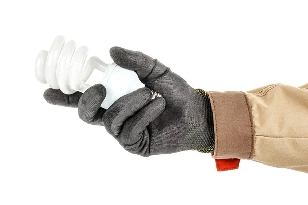 Spiral Energy Saving Light Bulb Electrician Hand Black Protective Glove — Stock Photo, Image