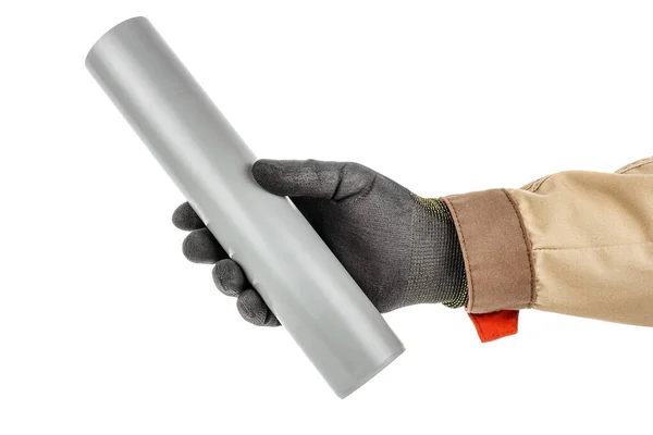 Fragment Grey Plastic Sewer Pipe Plumber Hand Black Protective Glove — Stock Photo, Image