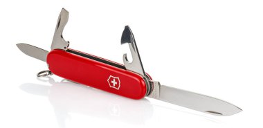 Moskova, Rusya - 15 Mayıs 2020: Kırmızı Victorinox klasik İsviçre çakısı, beyaz arka planda izole edilmiş, parlak yüzeyde yansıması olan katlanabilir bıçak