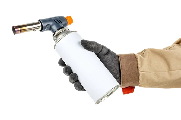 Large Welding Butane Torch White Gas Bottle Worker Hand Black — Stock Photo, Image