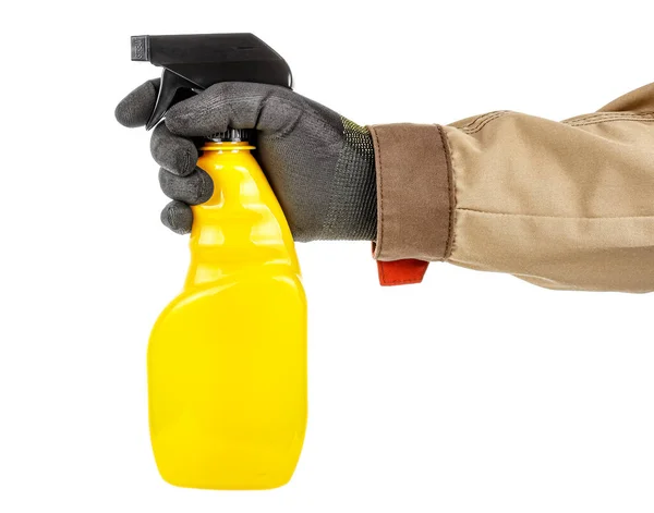 Worker Hand Black Protective Glove Brown Uniform Holding Bright Yellow — Stock Photo, Image