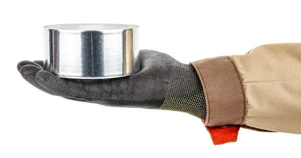 Roll Aluminium Foil Adhesive Tape Lies Palm Worker Hand Black — Stock Photo, Image