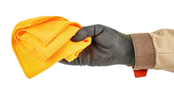 Worker Hand Black Protective Glove Brown Uniform Holding Unused Orange — Stock Photo, Image