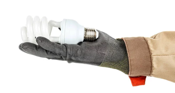 Spiral Energy Saving Light Bulb Lies Palm Male Hand Black — Stock Photo, Image