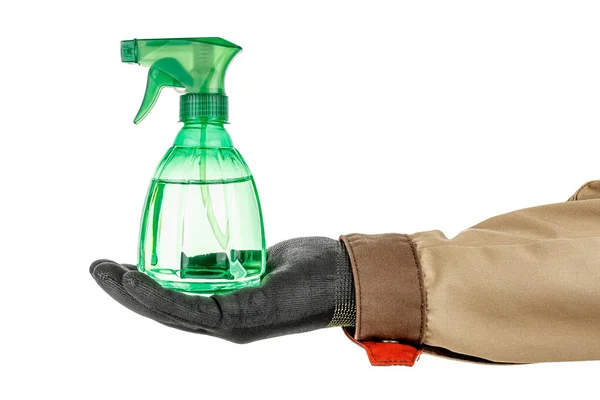 Green Transparent Plastic Spray Bottle Liquid Standing Palm Man Hand — Stock Photo, Image