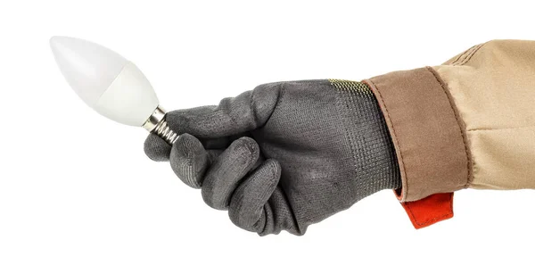 Mano Del Electricista Guante Protector Negro Uniforme Marrón Sostiene Bombilla — Foto de Stock