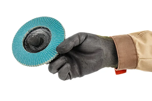 Worker Hand Black Protective Glove Brown Uniform Holding Blue Abrasive — Stock Photo, Image