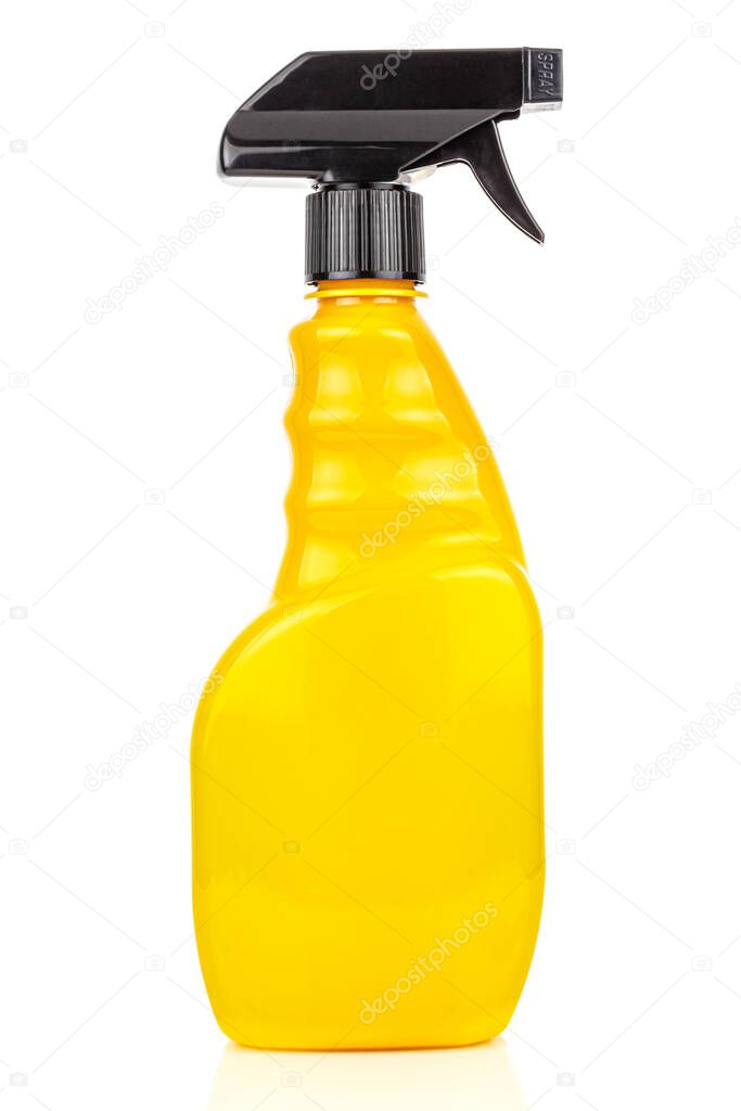 Side view of yellow spray gun isolated on white background