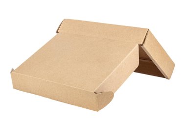 Beyaz zemin üzerinde izole edilmiş düz kahverengi karton kutu baş aşağı yatıyor.