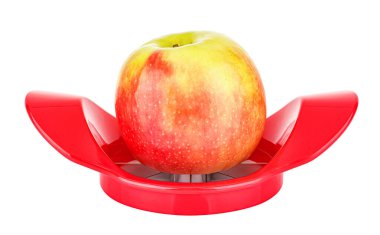 Beyaz arka planda izole edilmiş kırmızı plastik elma kesicili olgun renkli bir elma.