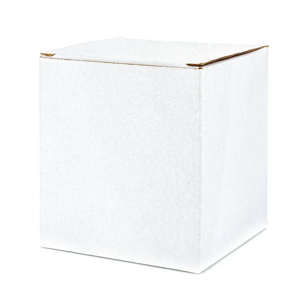 Caixa Papelão Forma Cúbica Branca Fechada Isolada Fundo Branco — Fotografia de Stock