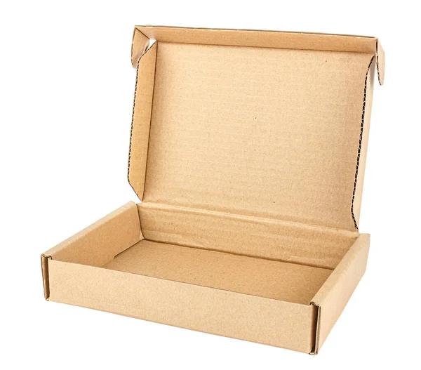 Puste Brązowe Pudełko Kartonowe Otwartą Pokrywą Białym Tle — Zdjęcie stockowe