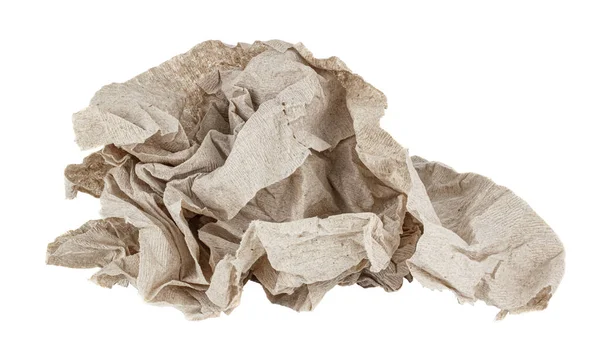 Buruşmuş ucuz gri tuvalet kağıdı beyaz arka planda izole edilmiş.