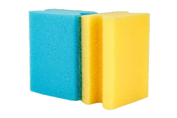 Κατακόρυφα Στάσιμα Μπλε Και Κίτρινα Σφουγγάρια Για Πλύσιμο Πιάτων Που — Φωτογραφία Αρχείου