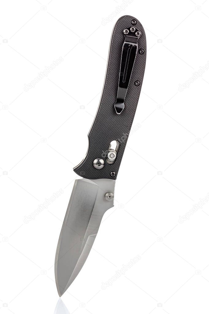 Folding pocket knife with open satin blade and textured black composite plastic cover plates on steel handle isolated on white background. Pocket knife close-up image