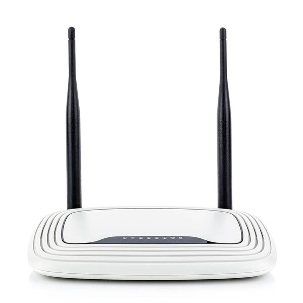 White wireless wi-fi router with two vertical black antennas isolated on white background