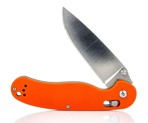 Open Folding Pocket Knife Matte Blade Textured Bright Orange Composite — Stock Photo, Image