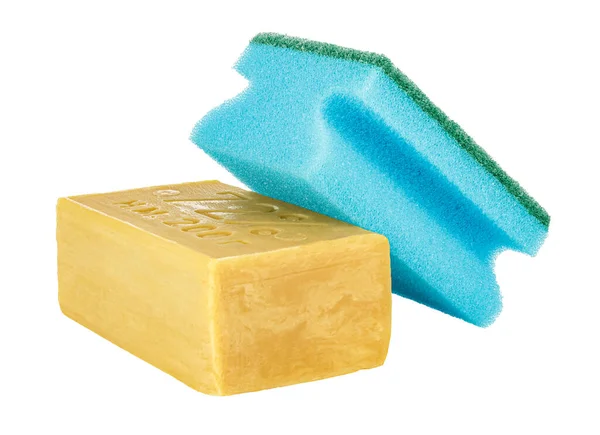 Ξαπλωμένο Κίτρινο Σαπούνι Οικιακής Χρήσης Μπλε Σφουγγάρι Για Πλύσιμο Πιάτων — Φωτογραφία Αρχείου