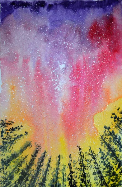 Sulu boya gece gökyüzü ve yıldızlar. Kuzey ışıkları.