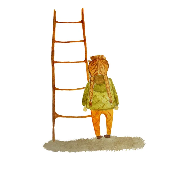 Watercolor Little Girl Standing Front Stairs Looking — Stock Photo, Image