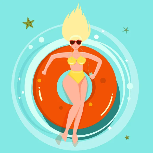 Woman Swimsuit Lying Lying Sun Swimming Pool Lifebuoy Listening Music — Stock Vector