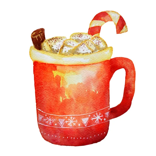 Akwarela Boże Narodzenie Filiżankę Kawy Pianki Cynamon Białym Tle Białym — Zdjęcie stockowe