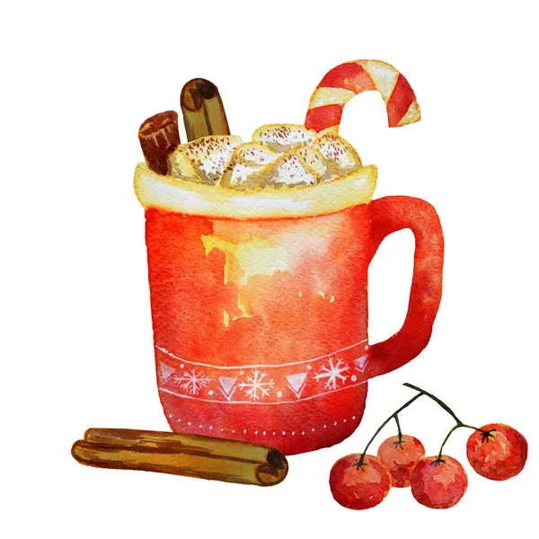 Aquarelle Tasse Café Noël Avec Guimauves Baies Cannelle Isolées Sur — Photo