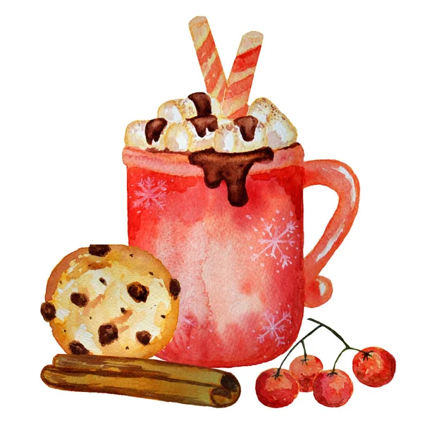 Sulu boya Noel fincan kahve şekerleme, kek, kahve çekirdekleri, beyaz bir arka plan üzerinde izole çilek ile.