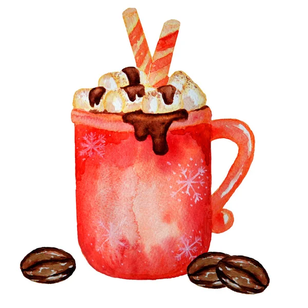 Watercolor christmas cup of coffee with marshmallows, coffee beans isolated on a white background.