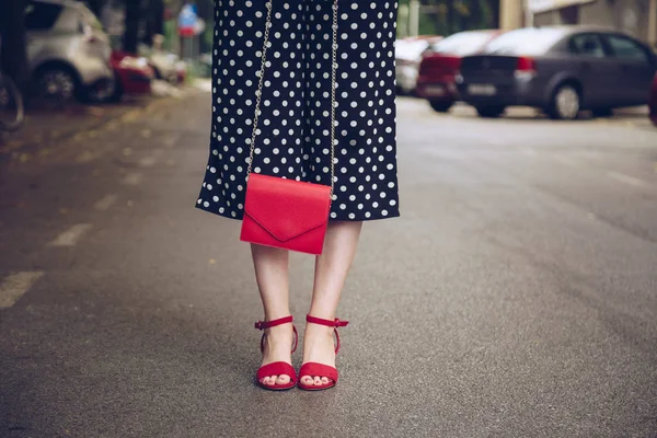 Mulher Elegante Culottes Bolinhas Sapatos Vermelhos Salto Alto Segurando Uma — Fotografia de Stock