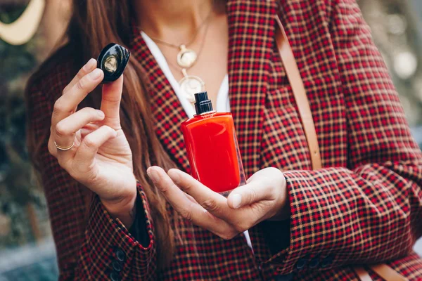 Young Woman Wearing Check Blazer Coin Necklace Posing Bottle Expensive — Stock Photo, Image