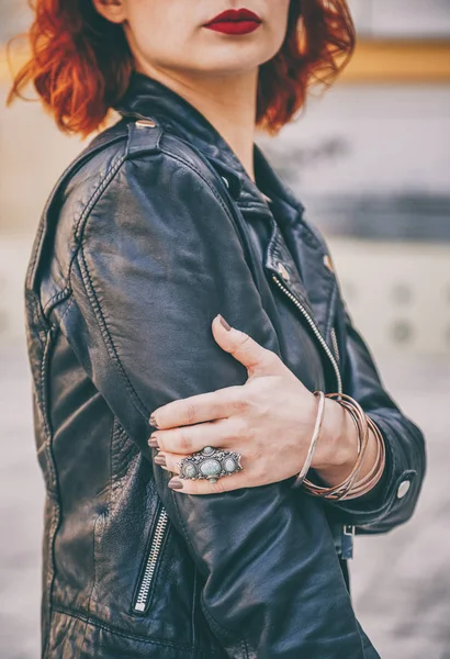 Detail Shot Womans Hands Wearing Biker Leather Jacket Lots Jewllery — Stock Photo, Image