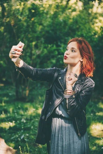 Beautiful Red Haired Woman Wearing Leather Jacket Taking Selfie Smartphone — Stock Photo, Image