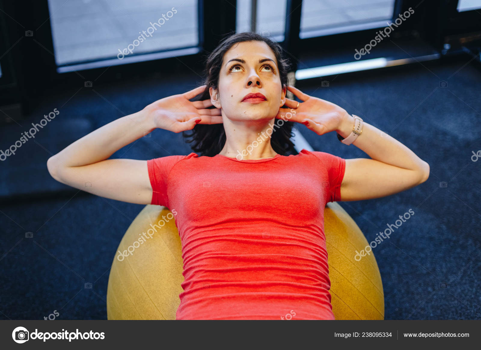 Portrait Beautiful Fit Woman Doing Abs Pilates Ball Authentic Image Stock Photo C Mlasaimages