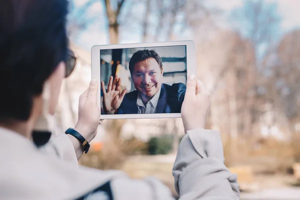 Young Woman Holding Tablet Her Hands Having Video Call Chat — Stock Photo, Image