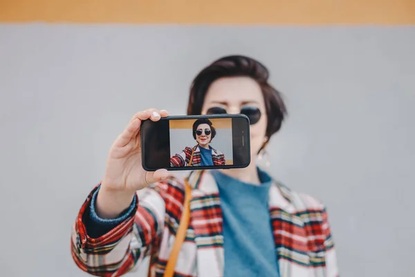 Close Portrait Pretty Modern Young Woman Taking Selfie Mobile Phone — Stock Photo, Image