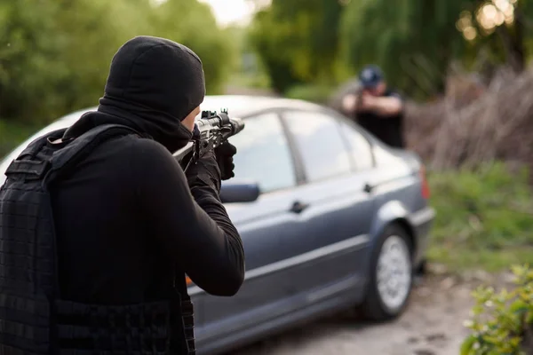 Přestřelka Mezi Policisty Pachatelem Zastavte Terorismu Kriminalitě Policejní Důstojník Terorista — Stock fotografie