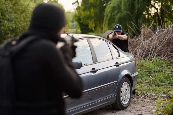 Strzelaniny Pomiędzy Funkcjonariuszem Policji Sprawcy Przystanek Terroryzmu Przestępczości Oficer Policji — Zdjęcie stockowe