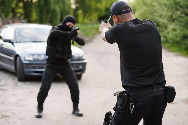 Přestřelka Mezi Policisty Pachatelem Zastavte Terorismu Kriminalitě Policejní Důstojník Terorista — Stock fotografie