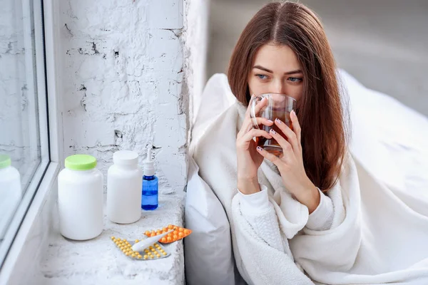 Portrait Sick Unhealthy Girl Drinking Warming Drink Indoors Cold Flu — Stock Photo, Image
