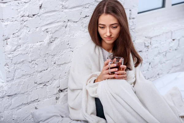 Close Beautiful Young Woman Warm Plaid Hot Cup Tea Hands — Stock Photo, Image