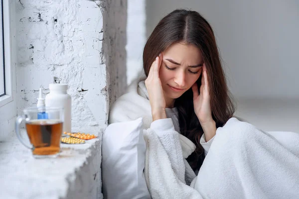 Cold Pain Stressed Exhausted Young Woman Feeling Strong Head Pain — Stock Photo, Image