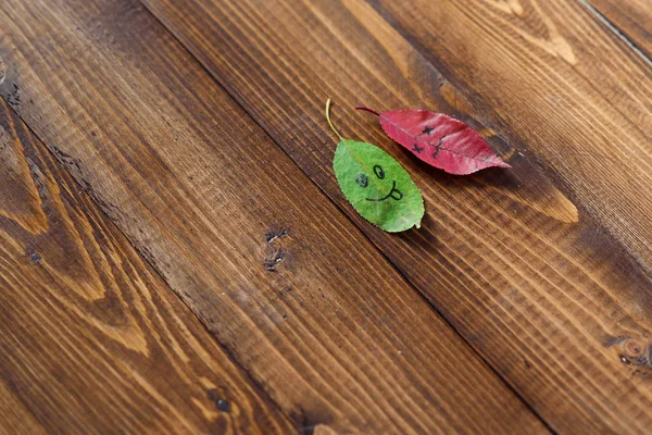 Green and red fallen leaves with a symbols of happy and sad faces on the wooden background.