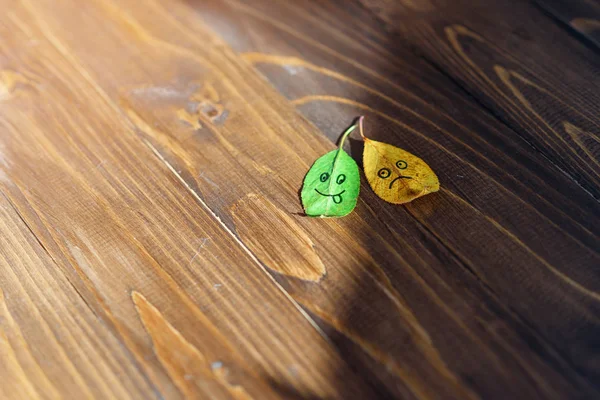 Green and yellow fallen leaves with a symbols of happy and sad faces on the wooden background.