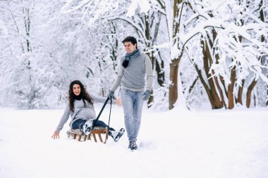 Genç adam güzel hamile eşi ahşap halletme parkta karda sürmek. Aile sevgi ve bakım kavramı.