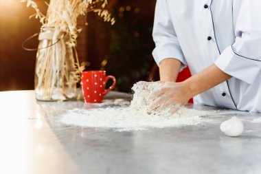 Bayan baker yoğurma hamur un, yumurta ve diğer maddeler ile masada eller.